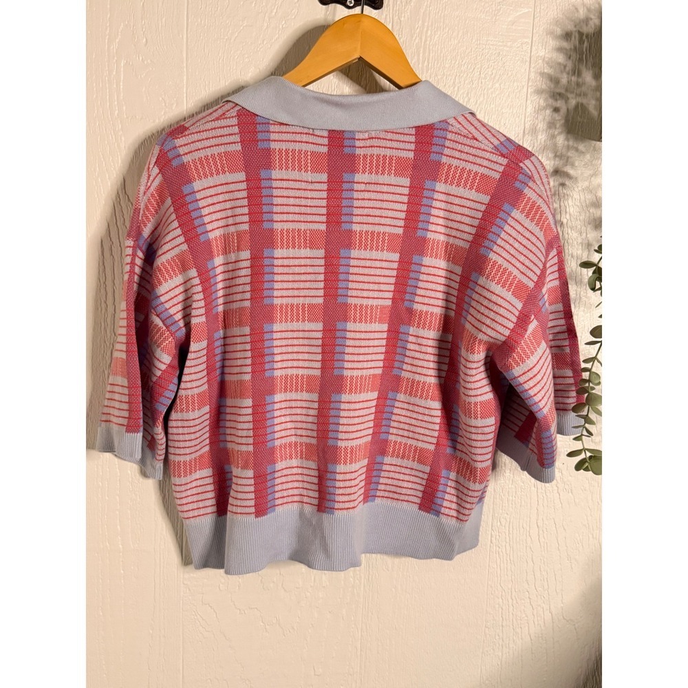Short sleeve preppy retro plaid sweater cardigan NWOT 525 america - Picture 2 of 3